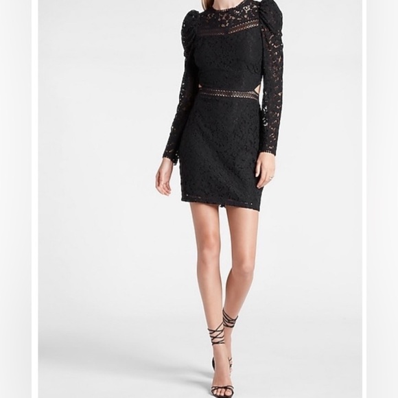 Express Black Lace Puff Sleeve Side Cutout Sheath Dress- NWT - Picture 1 of 16